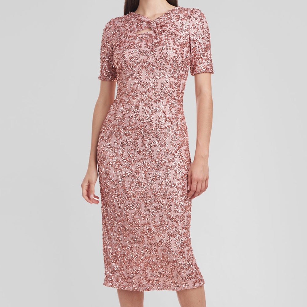 JS Collections Farrah Blush Pink Sequin Midi Dress Twist Neck Size 4 NWT